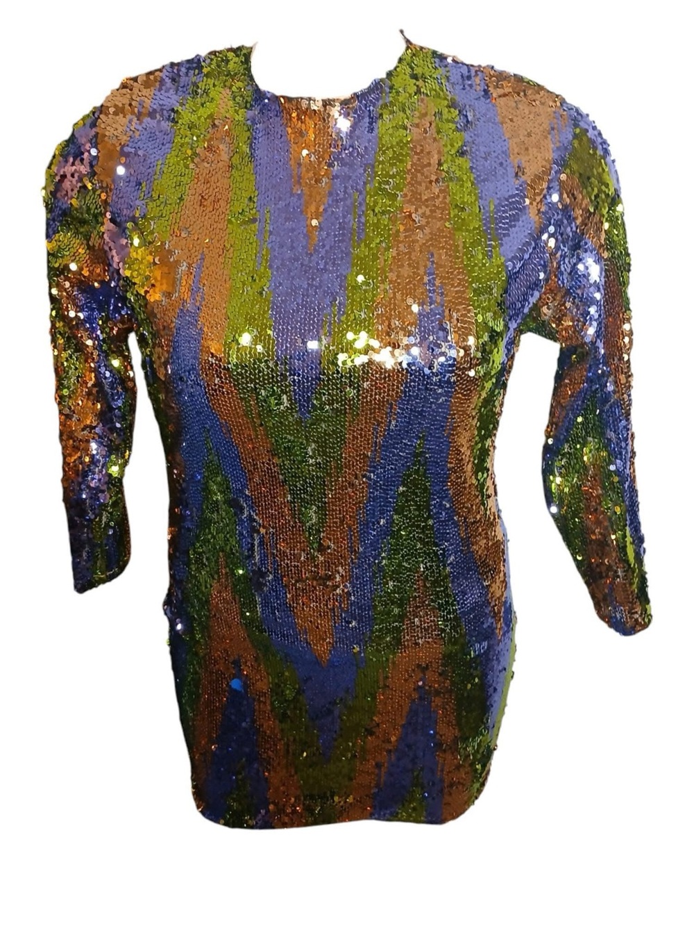 Sequin Chevron Long-Sleeve Mini Dress - Blue, Green & Brown